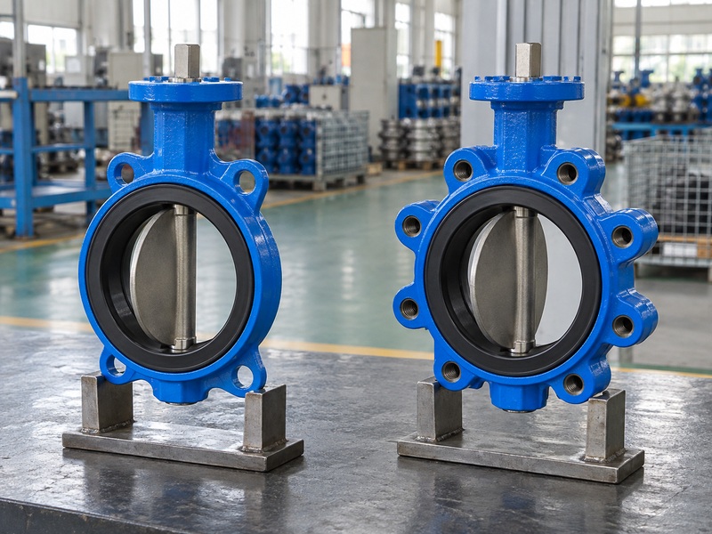 Wafer and lug butterfly valves arranged on a Chinese factory inspection table