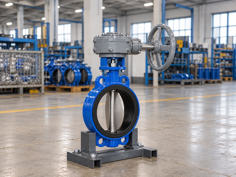 Geared concentric butterfly valve with an aligned bracket and coupling in a Chinese assembly workshop