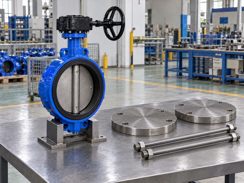 Concentric butterfly valve beside separate blind plates and tie rods for unpressurized inspection preparation