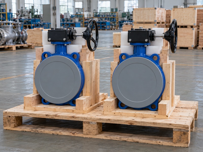 Protected butterfly valves awaiting packing in a Chinese factory dispatch area