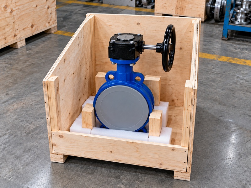 Protected concentric butterfly valve held by timber and foam inside an open export crate