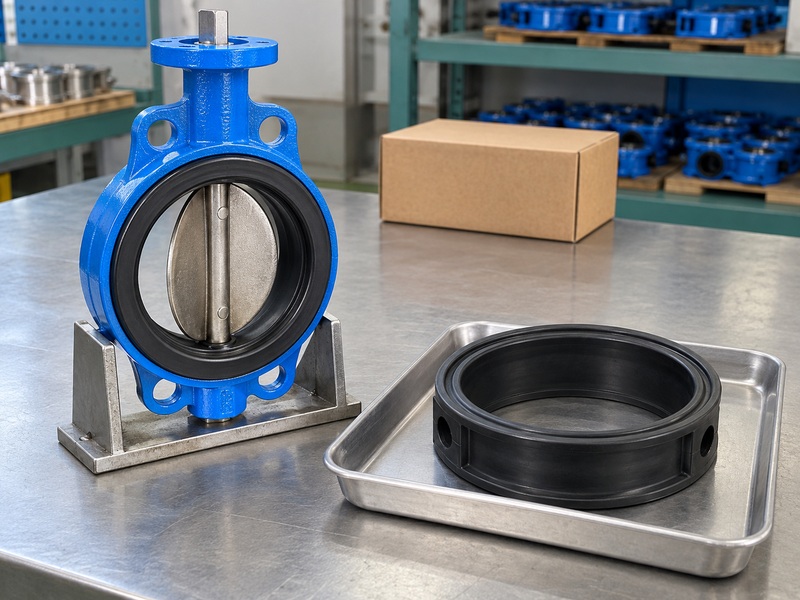 Complete concentric butterfly valve beside a separate spare elastomer sleeve seat on a factory bench