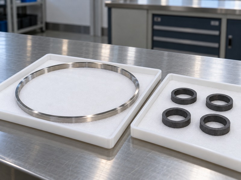 Metal sealing ring and graphite packing rings in separate trays