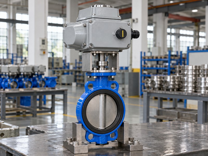soft seat butterfly valve illustration showing a coaxial electric actuator and butterfly valve assembly