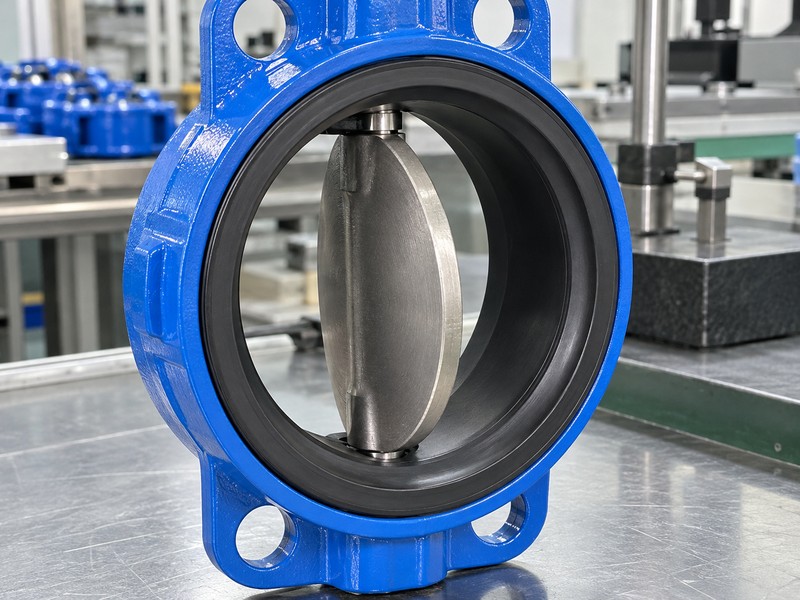 soft seat butterfly valve manufacturers illustration showing the disc edge and continuous elastomer liner in a partly open valve