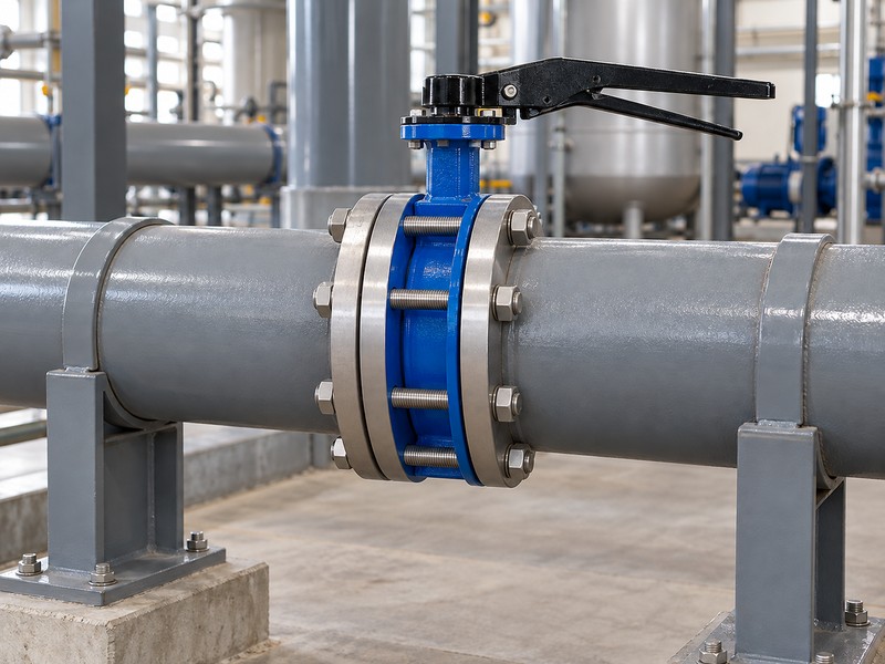 soft seated butterfly valve illustration showing a wafer valve between supported matching pipe flanges