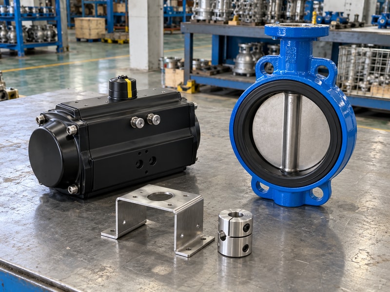 Spring loaded butterfly valve beside a separate actuator, bracket, and coupling