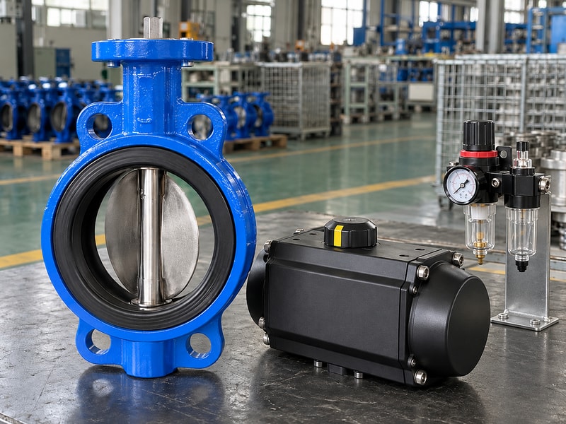 Spring loaded butterfly valve, separate actuator, and independently supported air preparation unit