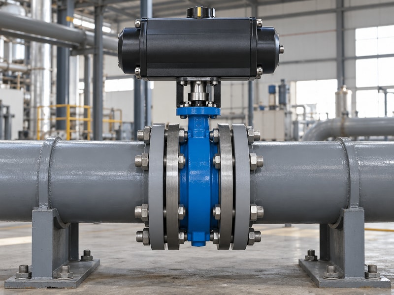 Spring loaded butterfly valve assembly between supported straight pipe flanges