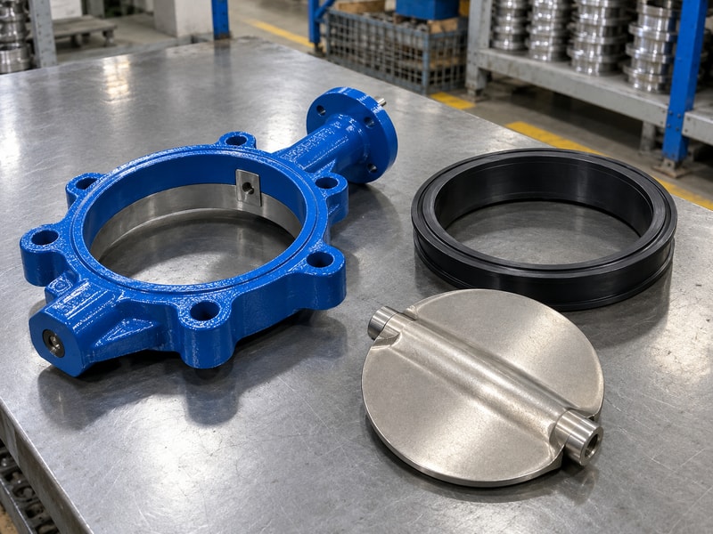 Spring loaded butterfly valve body beside a separate seat and stainless disc