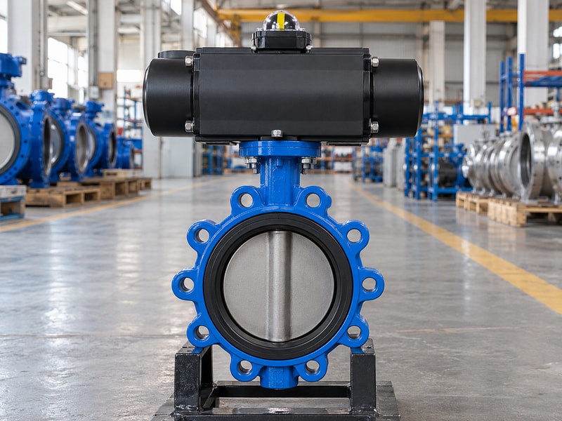 Spring loaded butterfly valve with a lug-style body on an inspection stand