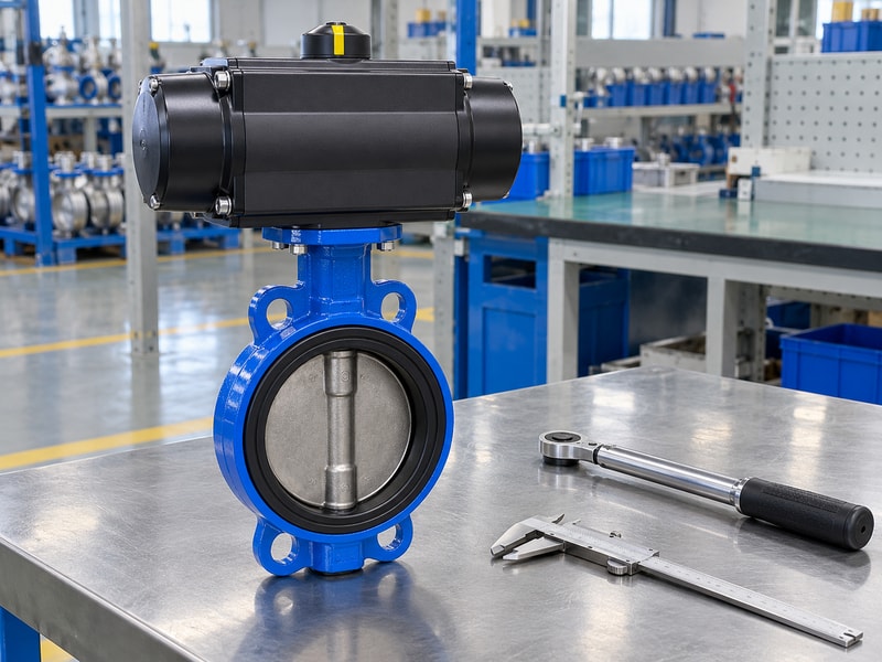Spring loaded butterfly valve beside inspection and tightening tools
