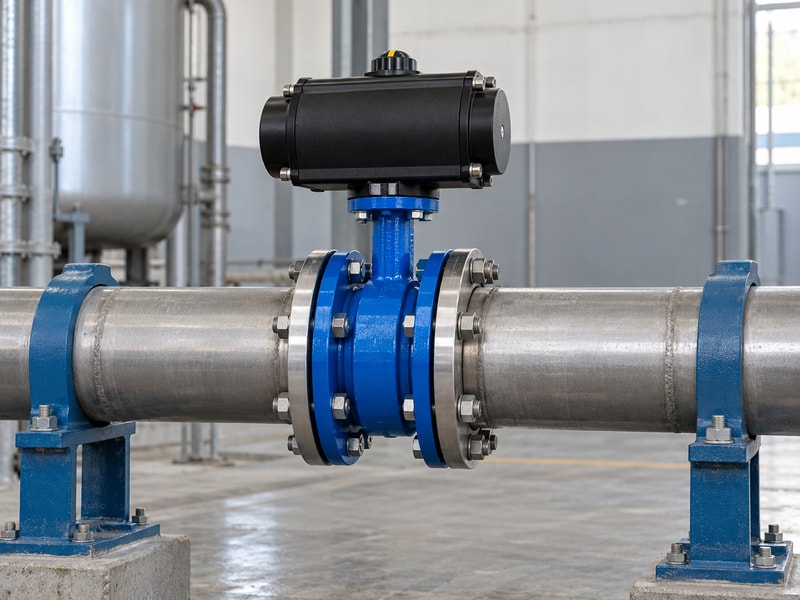 Spring loaded butterfly valve assembly in a supported horizontal pipeline
