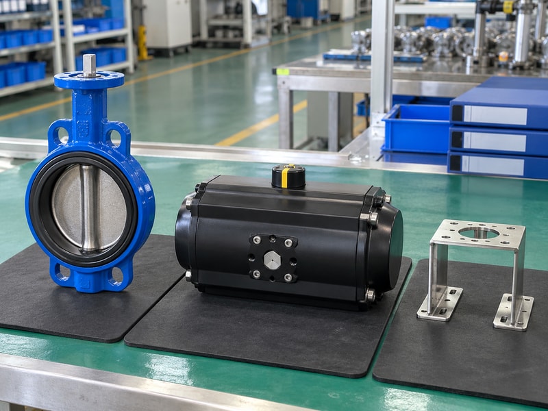 Spring loaded butterfly valve beside a separate actuator and mounting bracket