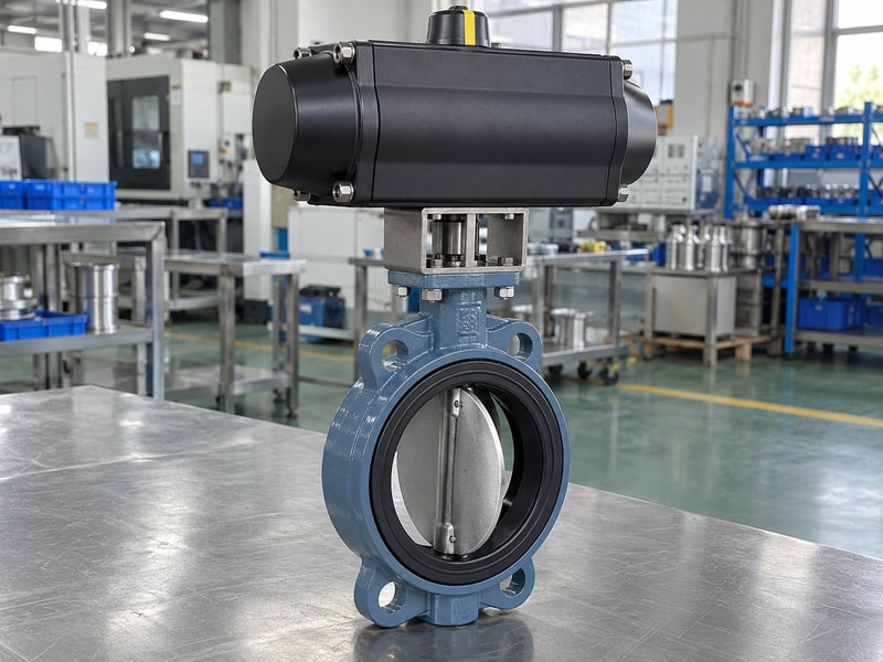 spring return actuator for butterfly valve automation: assembled pneumatic valve and operator