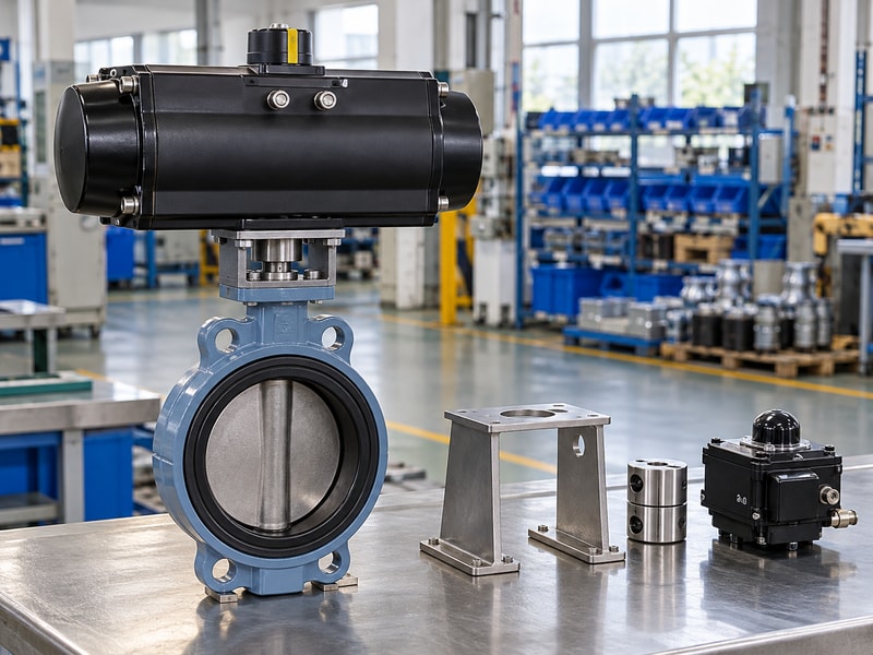 spring return actuator for butterfly valve automation: valve assembly beside a bracket, coupling, and separate control box