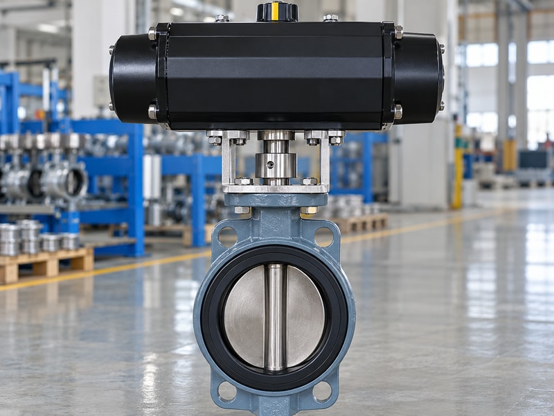 spring return actuator for butterfly valve automation: aligned shaft and coupling below the actuator