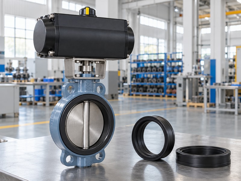spring return actuator for butterfly valve automation: valve assembly beside separate black seal samples