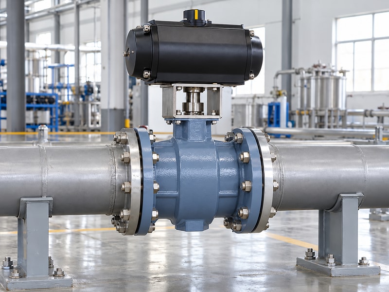 spring return actuator for butterfly valve automation: inline valve assembly between independently supported pipes
