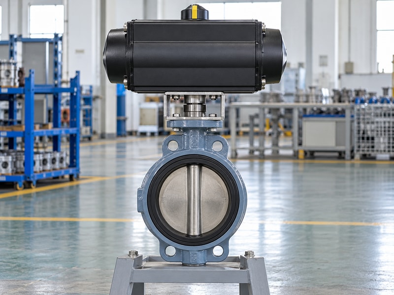 spring return actuator for butterfly valve automation: valve on a low inspection stand