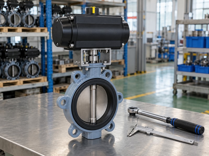spring return actuator for butterfly valve automation: valve assembly beside inspection tools