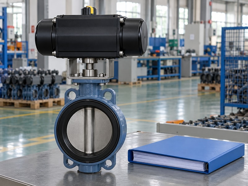 spring return actuator for butterfly valve automation: valve beside a closed document folder