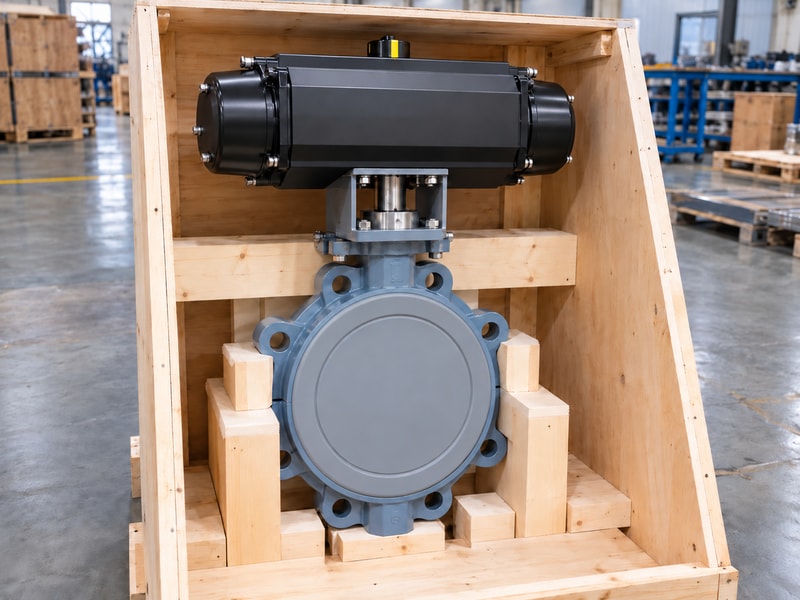 spring return actuator for butterfly valve automation: protected valve restrained by its body in a shipping crate