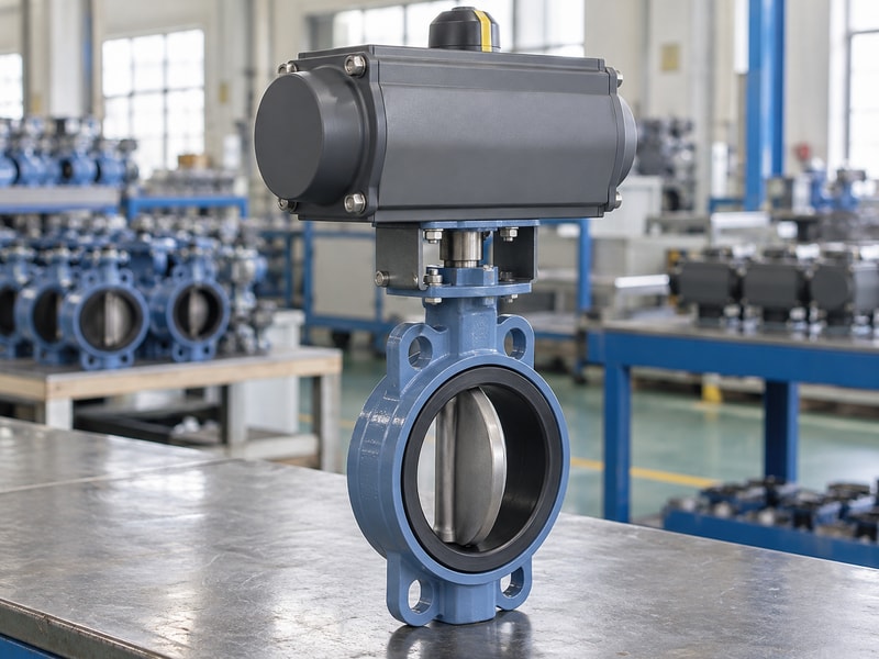 spring return butterfly valve: assembled wafer-style valve and enclosed pneumatic operator