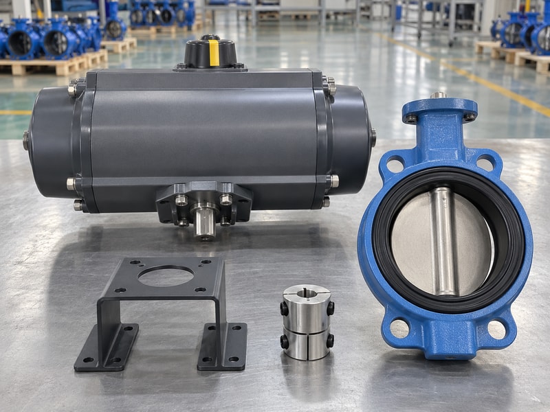 spring return butterfly valve: separate valve, actuator, mounting bracket, and coupling