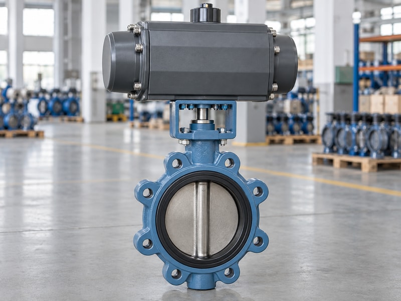 spring return butterfly valve: lug-style body with aligned mounting hardware