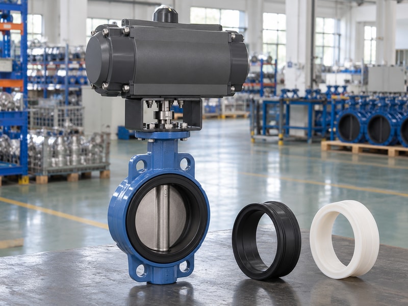 spring return butterfly valve: assembled valve beside separate black and white seal samples