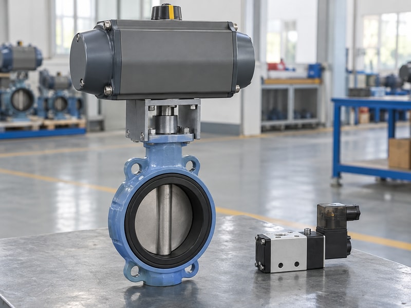 spring return butterfly valve: assembled valve beside unconnected control components