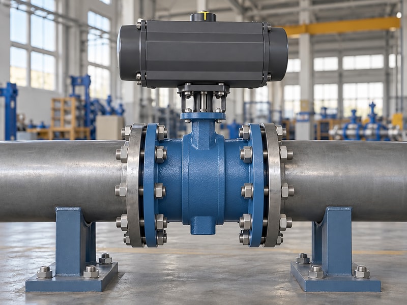 spring return butterfly valve: inline body between independently supported horizontal pipes