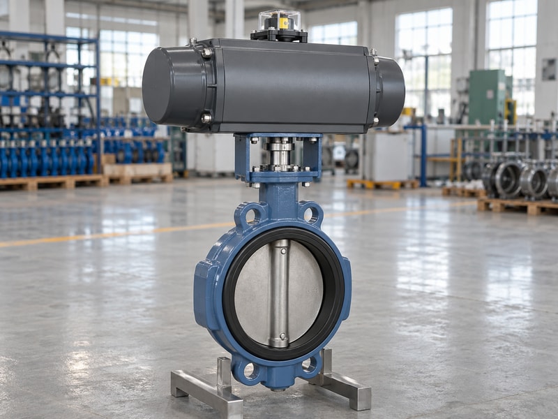 spring return butterfly valve: closed-disc valve on a low inspection stand
