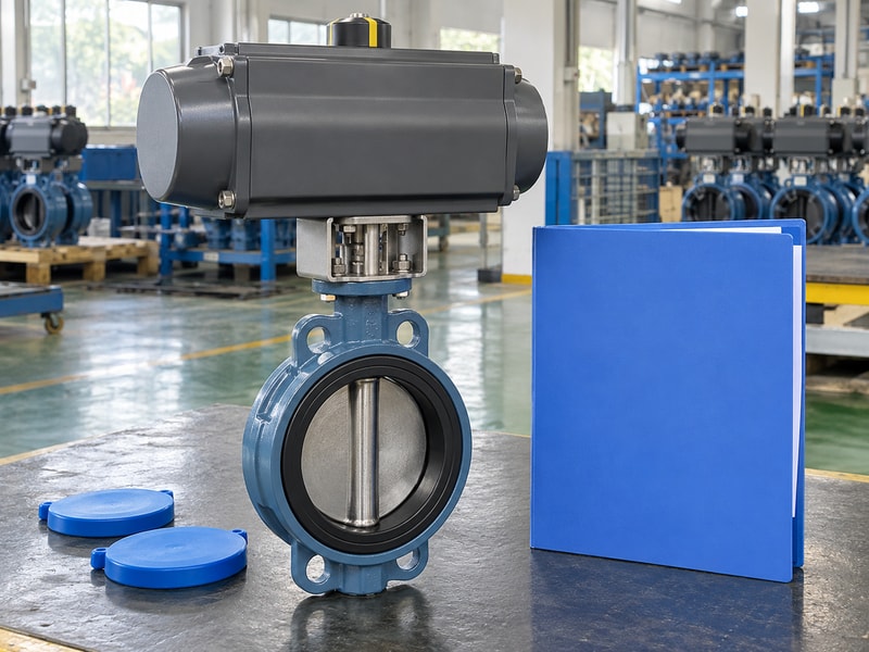 spring return butterfly valve: valve beside separate protective covers and document folder