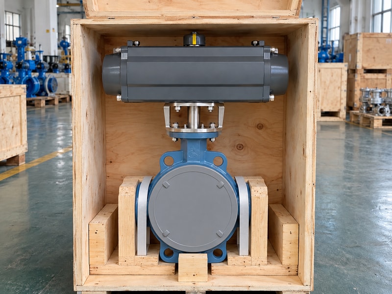 spring return butterfly valve: body-supported protected valve in a shipping crate