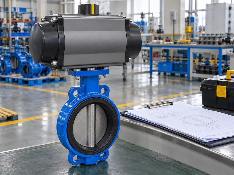 spring return butterfly valve manufacturers: valve assembly beside a drawing folder