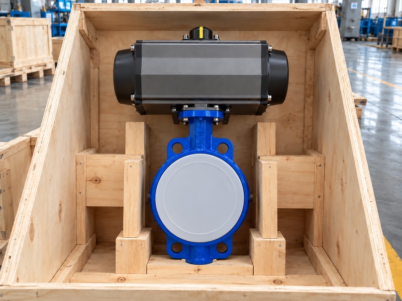 spring return butterfly valve manufacturers: protected valve restrained by its body in a crate