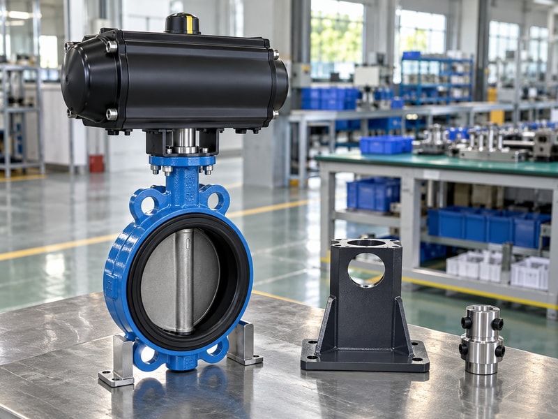 spring return butterfly valve supplier: valve beside a spare bracket and coupling