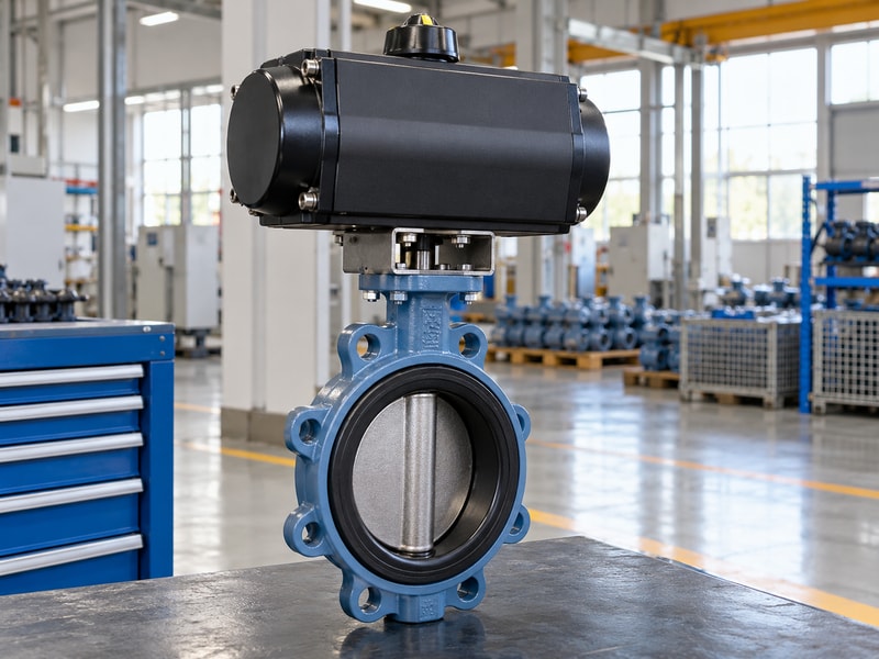spring return butterfly valve supplier: complete valve assembly on a bench