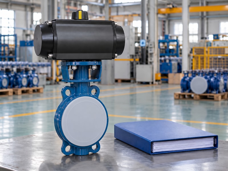 spring return butterfly valve supplier: protected valve beside a document folder