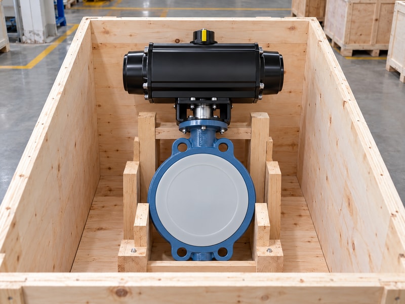 spring return butterfly valve supplier: protected valve restrained in a shipping crate