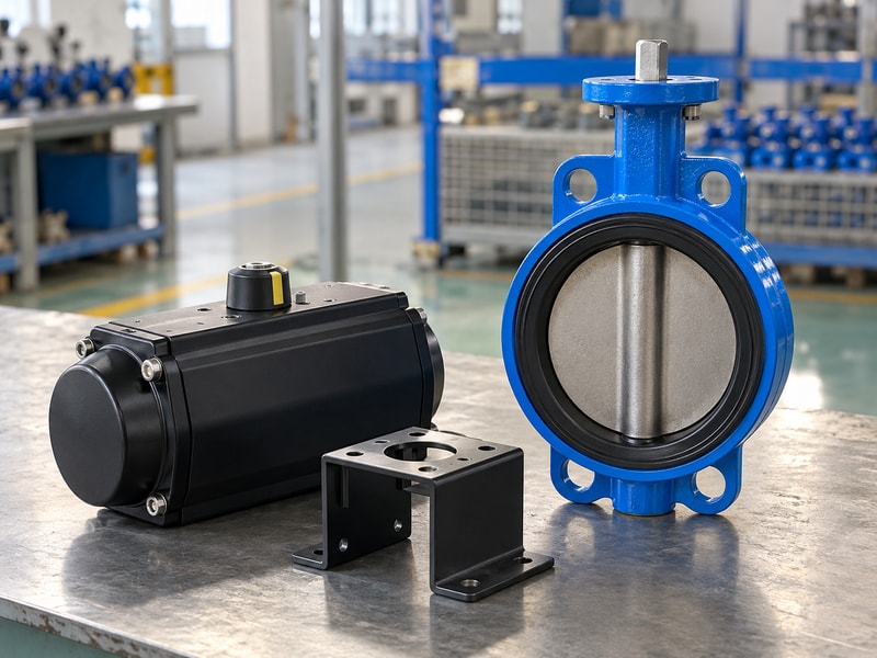 spring return butterfly valves: separate valve, actuator, and mounting bracket