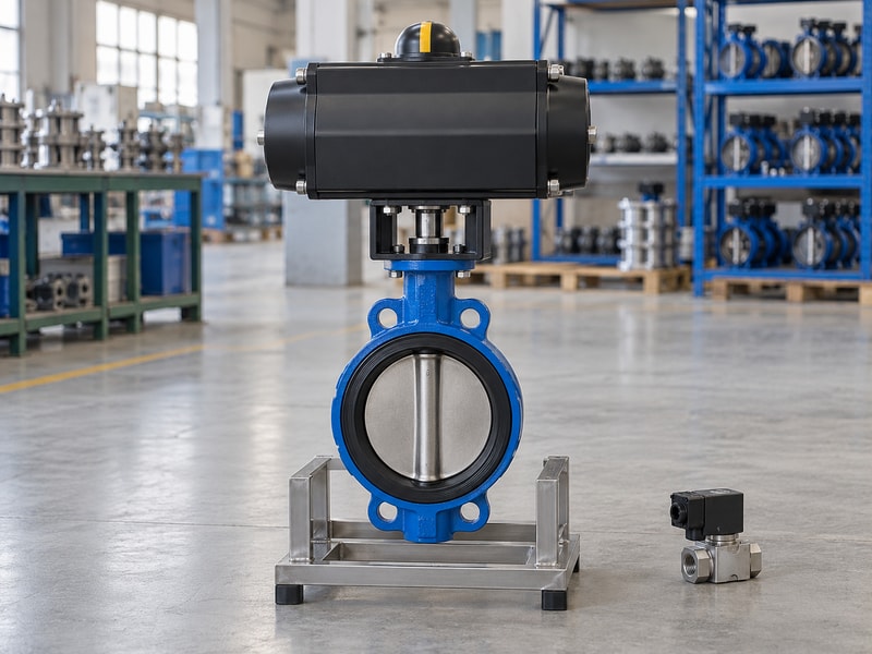 spring return butterfly valves: assembled valve on a stand beside an unconnected solenoid