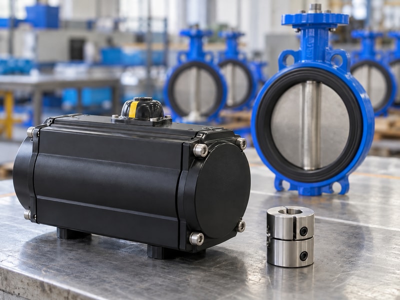 spring return butterfly valves: closed actuator housing beside a drive coupling