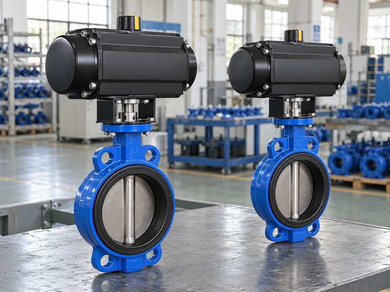 spring return butterfly valves: two complete pneumatic valve assemblies on a bench