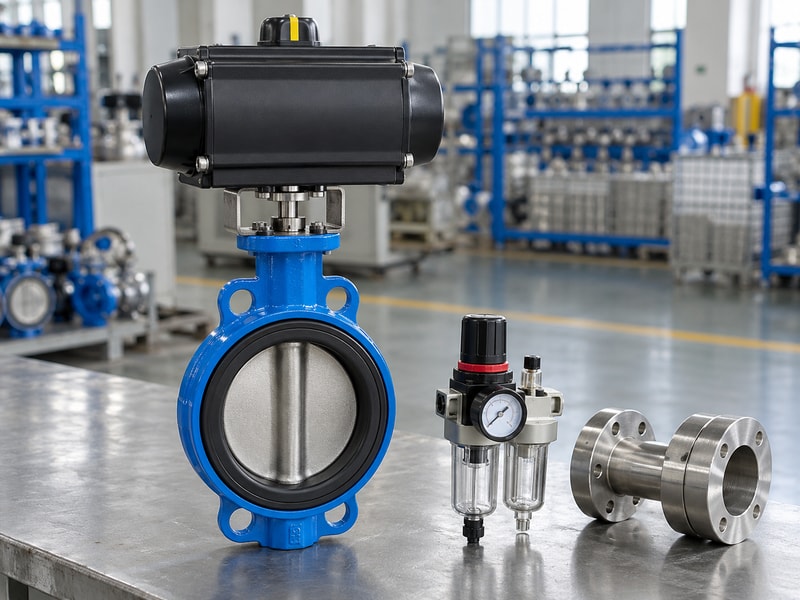 spring return butterfly valves: valve assembly beside separate air preparation components