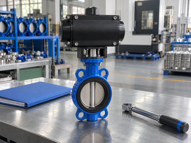 spring return butterfly valves: valve assembly beside a document folder and torque tool