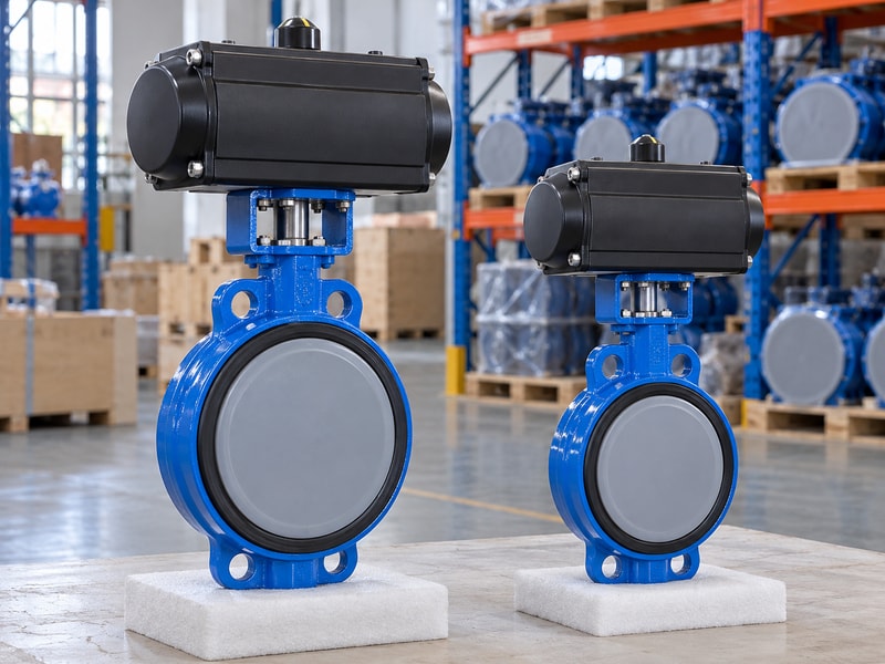 spring return butterfly valves: two protected valve assemblies on separate supports