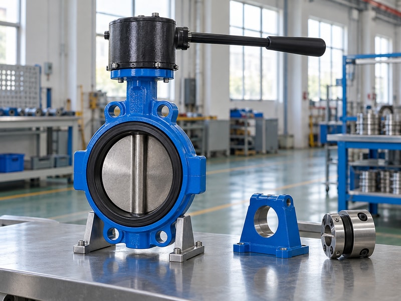 spring return manual butterfly valve: manual valve assembly beside a spare bracket and coupling